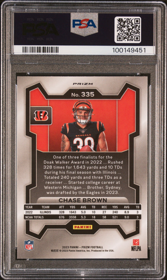 Graded 2023 Panini Prizm Chase Brown #335 Variation Rookie RC Football Card PSA 10 Gem Mint