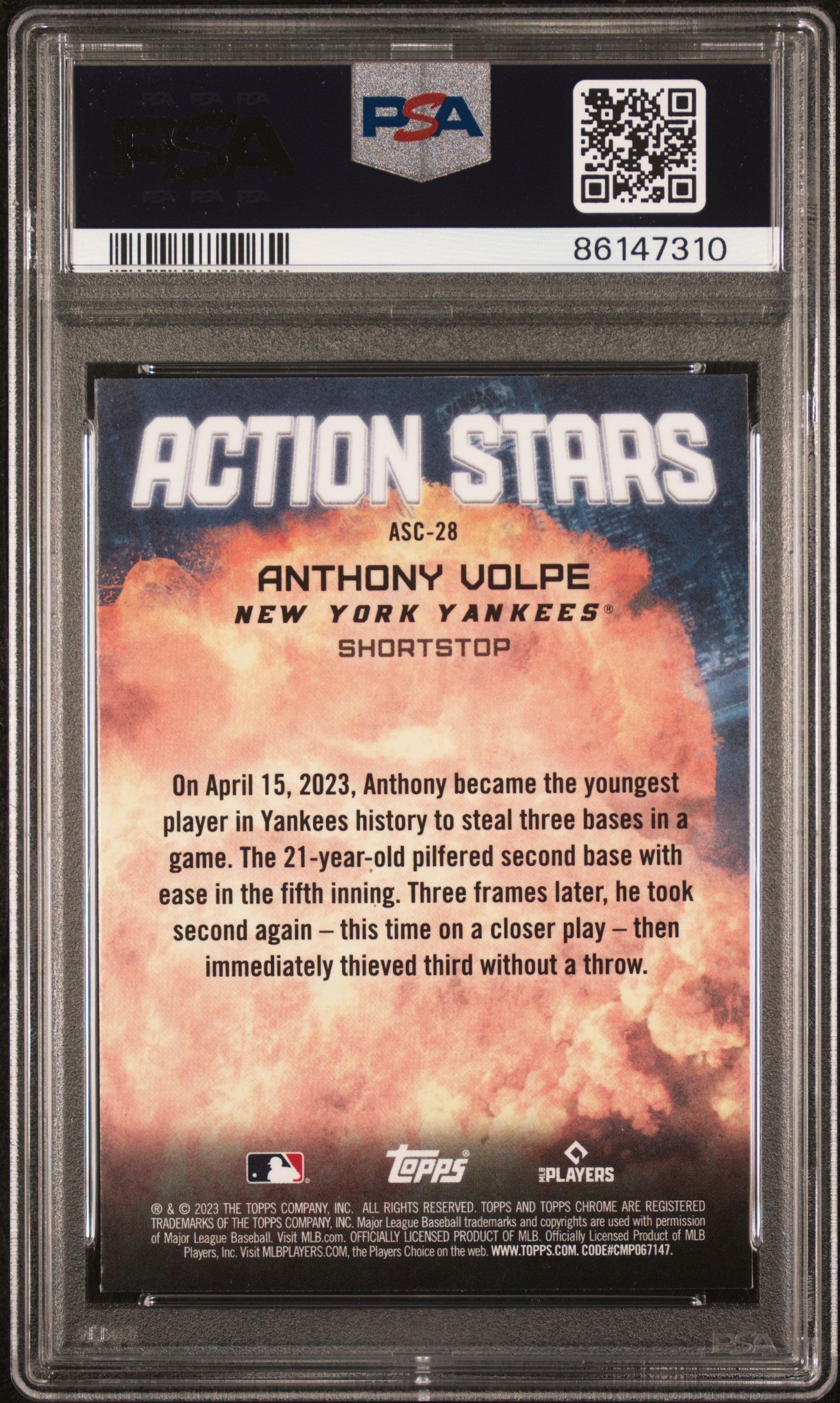 Graded 2023 Topps Chrome Update Anthony Volpe #ASC28 Action Stars Rookie RC Baseball Card PSA 10 Gem Mint