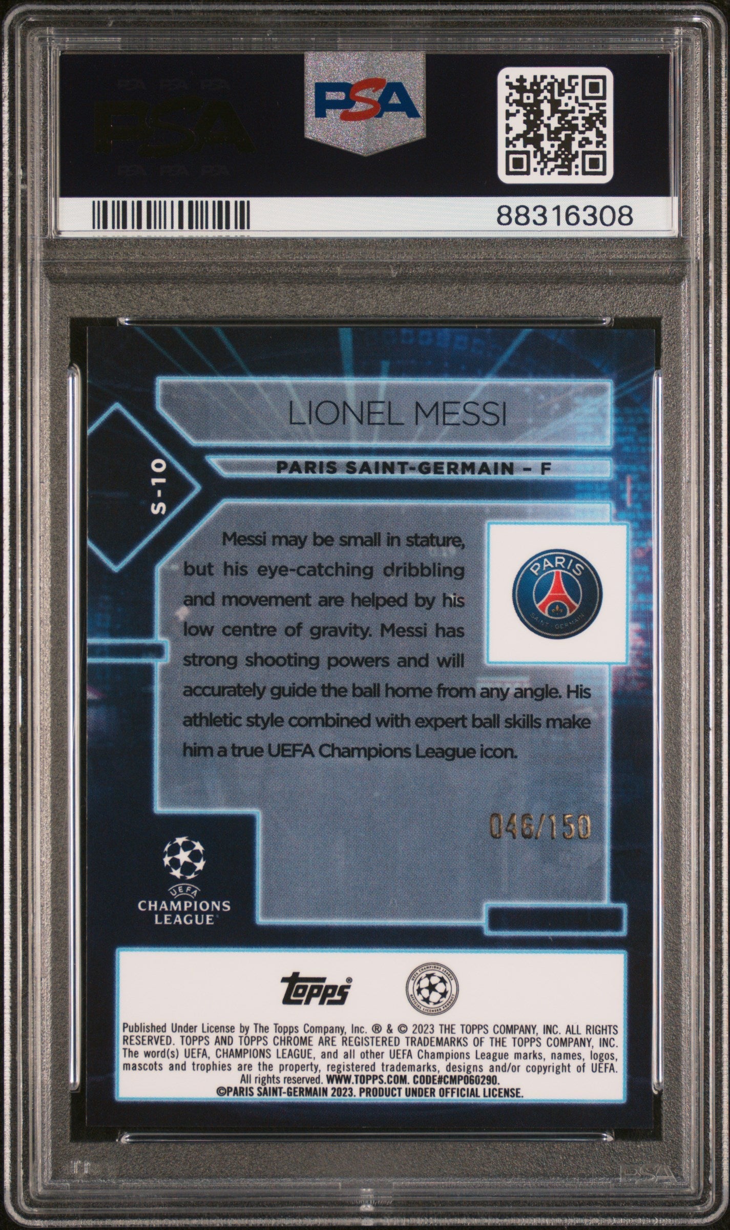 Graded 2022 Topps Chrome UCC Lionel Messi #S10 Blue Refractor #/150 Soccer Card PSA 10 Gem Mint