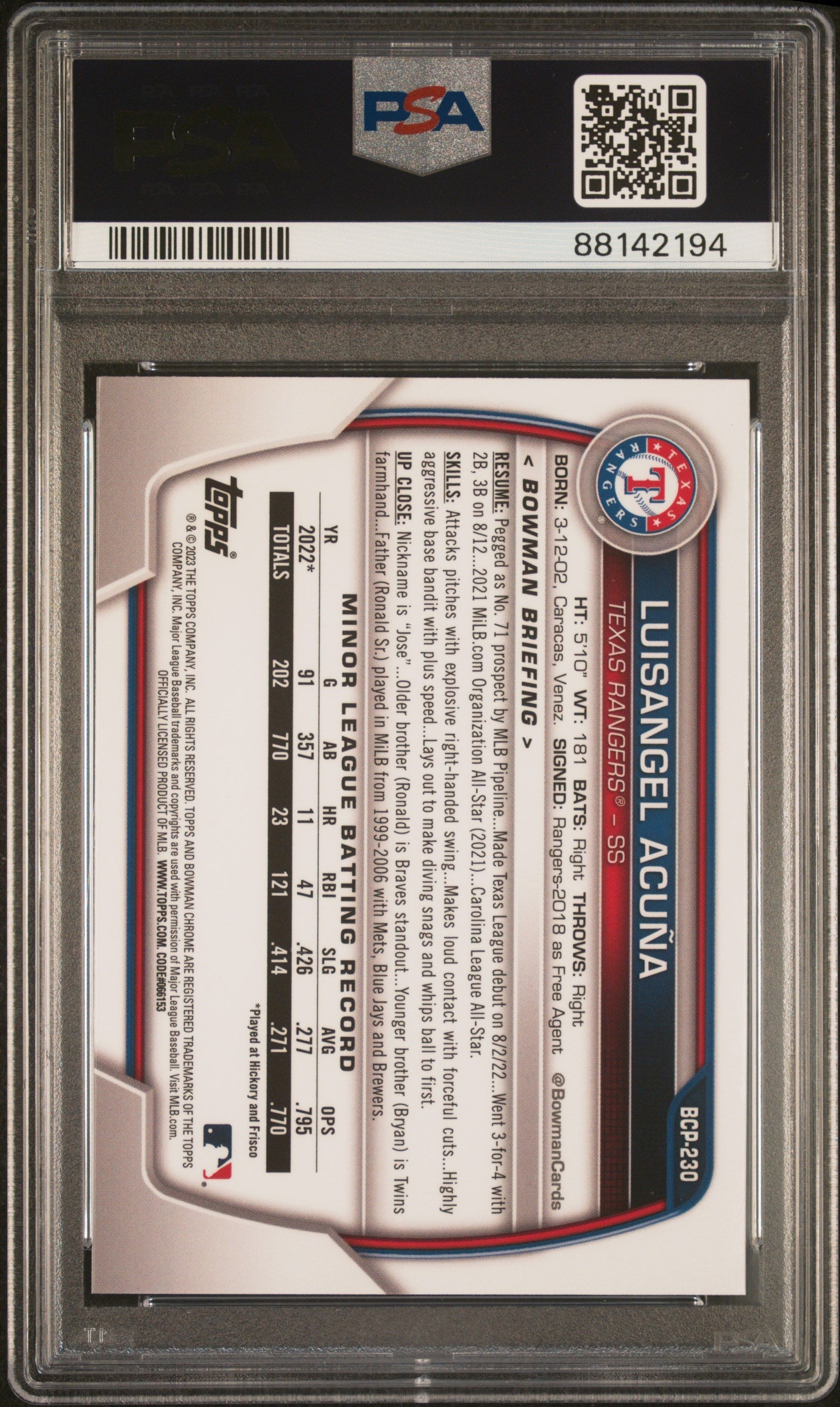 Graded 2023 Topps Bowman Chrome Sapphire Edition Luisangel Acuna #230 Prospects Rookie RC Baseball Card PSA 10 Gem Mint