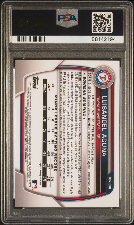 Graded 2023 Topps Bowman Chrome Sapphire Edition Luisangel Acuna #230 Prospects Rookie RC Baseball Card PSA 10 Gem Mint