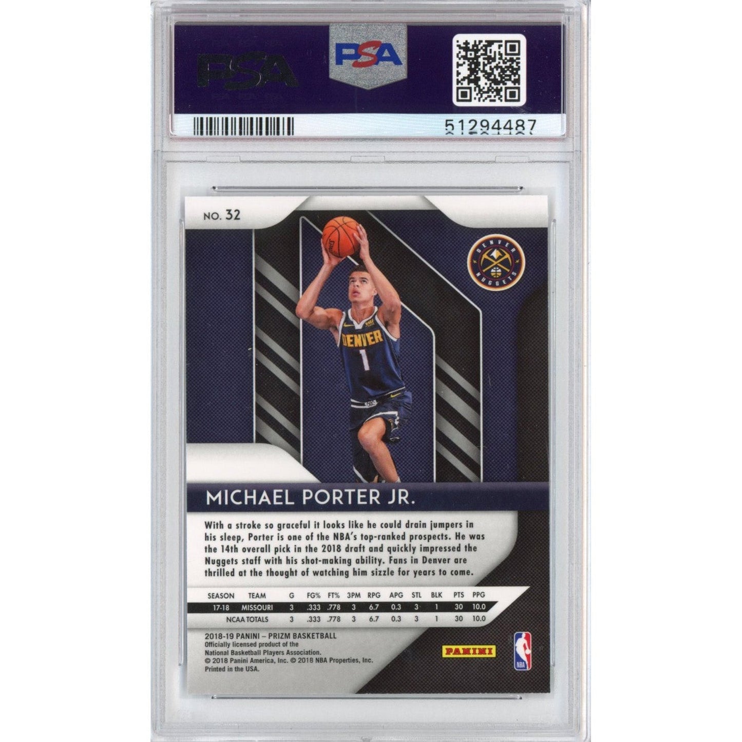 Graded 2018-19 Panini Prizm Michael Porter Jr. #32 Rookie RC Basketball Card PSA 10 Gem Mint