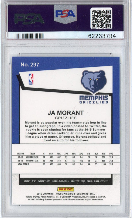 Graded 2019-20 Panini Hoops Premium Stock Ja Morant #297 Rookie RC Basketball Card PSA 10 Gem Mint