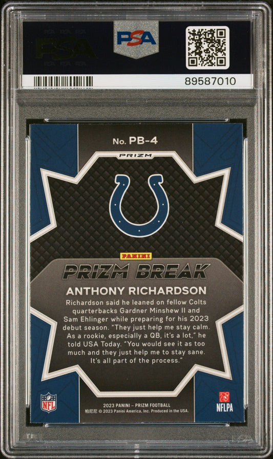 Graded 2023 Panini Prizm Anthony Richardson #PB4 Prizm Break Green Ice Rookie RC Football Card PSA 10 Gem Mint