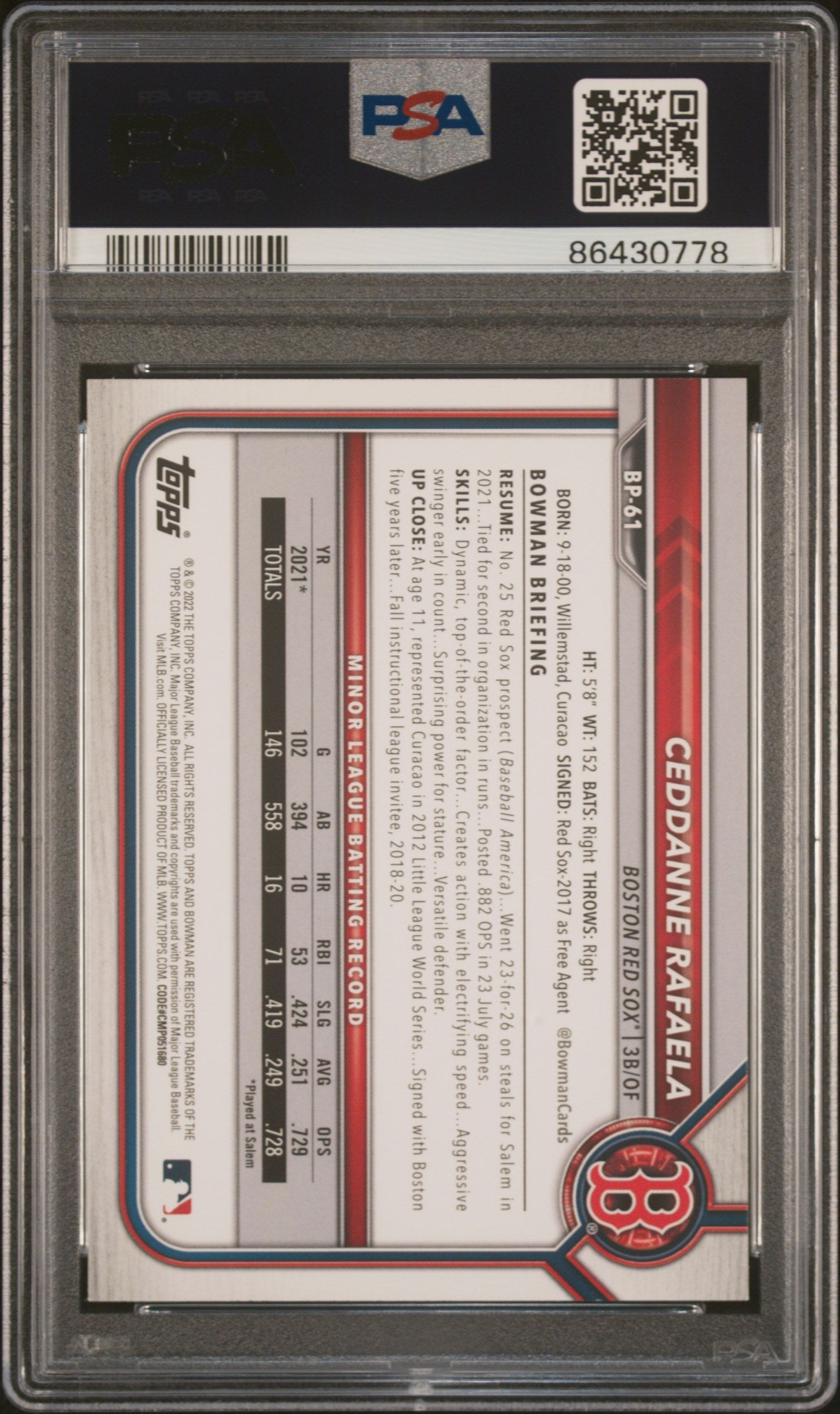 Graded 2022 Topps Bowman Ceddanne Rafaela #BP61 Paper Prospects Rookie RC Baseball Card PSA 10 Gem Mint