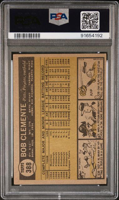 Graded 1961 Topps Bob Roberto Clemente #388 Baseball Card PSA 2 Good