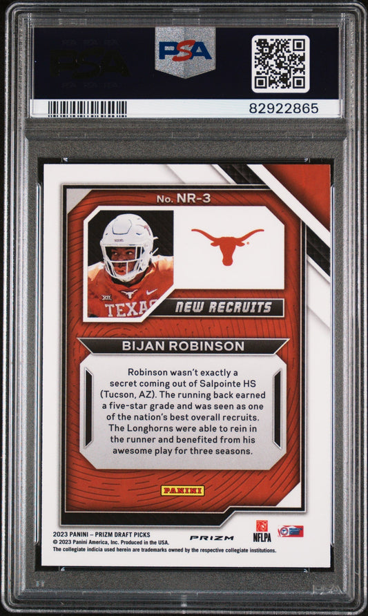 Graded 2023 Panini Prizm Draft Picks Bijan Robinson #NR3 New Recruits Red Ice Rookie RC Football Card PSA 10 Gem Mint