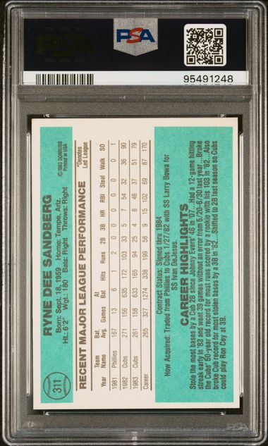 Graded 1984 Donruss Ryne Sandberg #311 2nd Year Baseball Card PSA 7 Near Mint