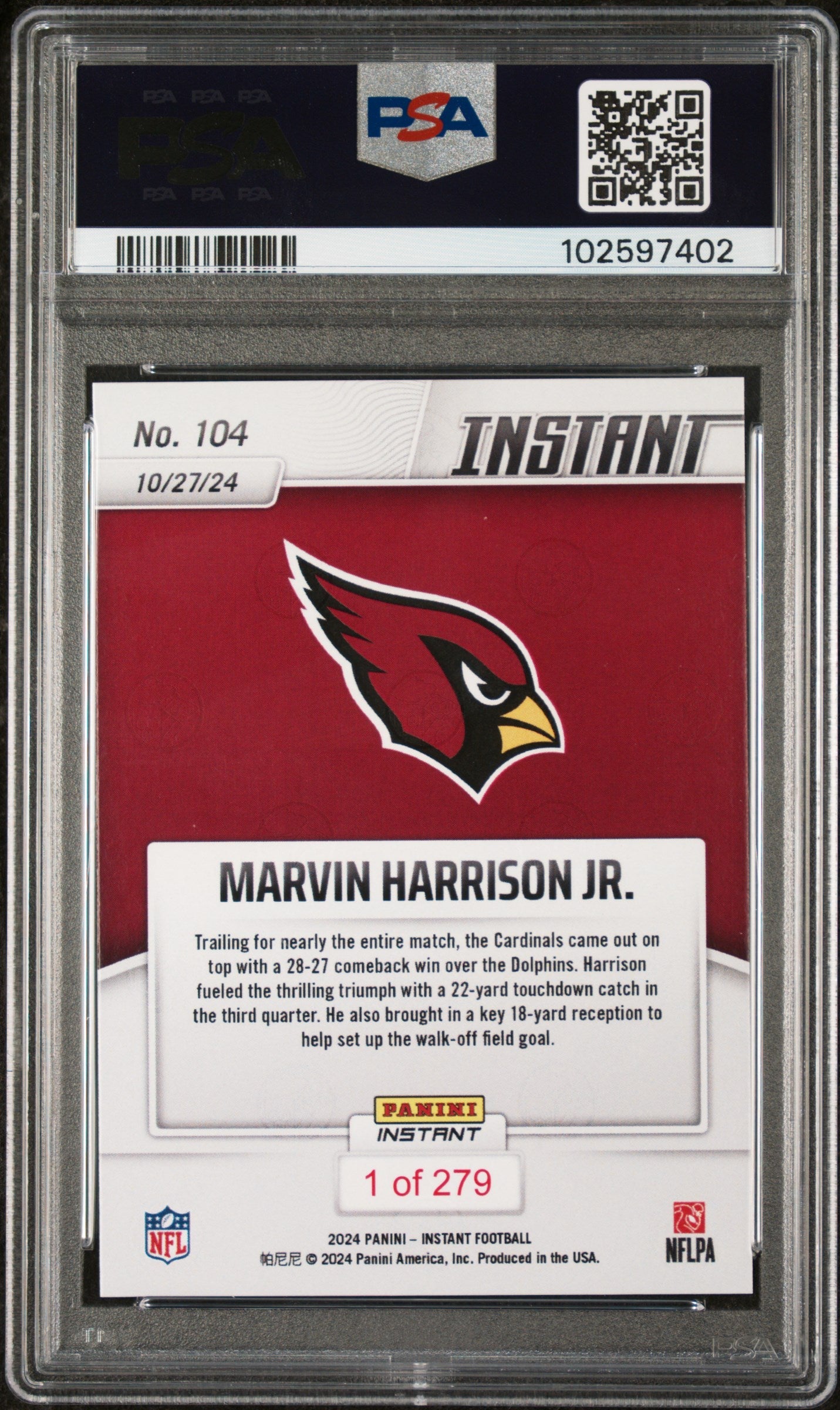 Graded 2024 Panini Instant NFL Marvin Harrison Jr #104 Rookie RC Football Card PSA 8 Near Mint