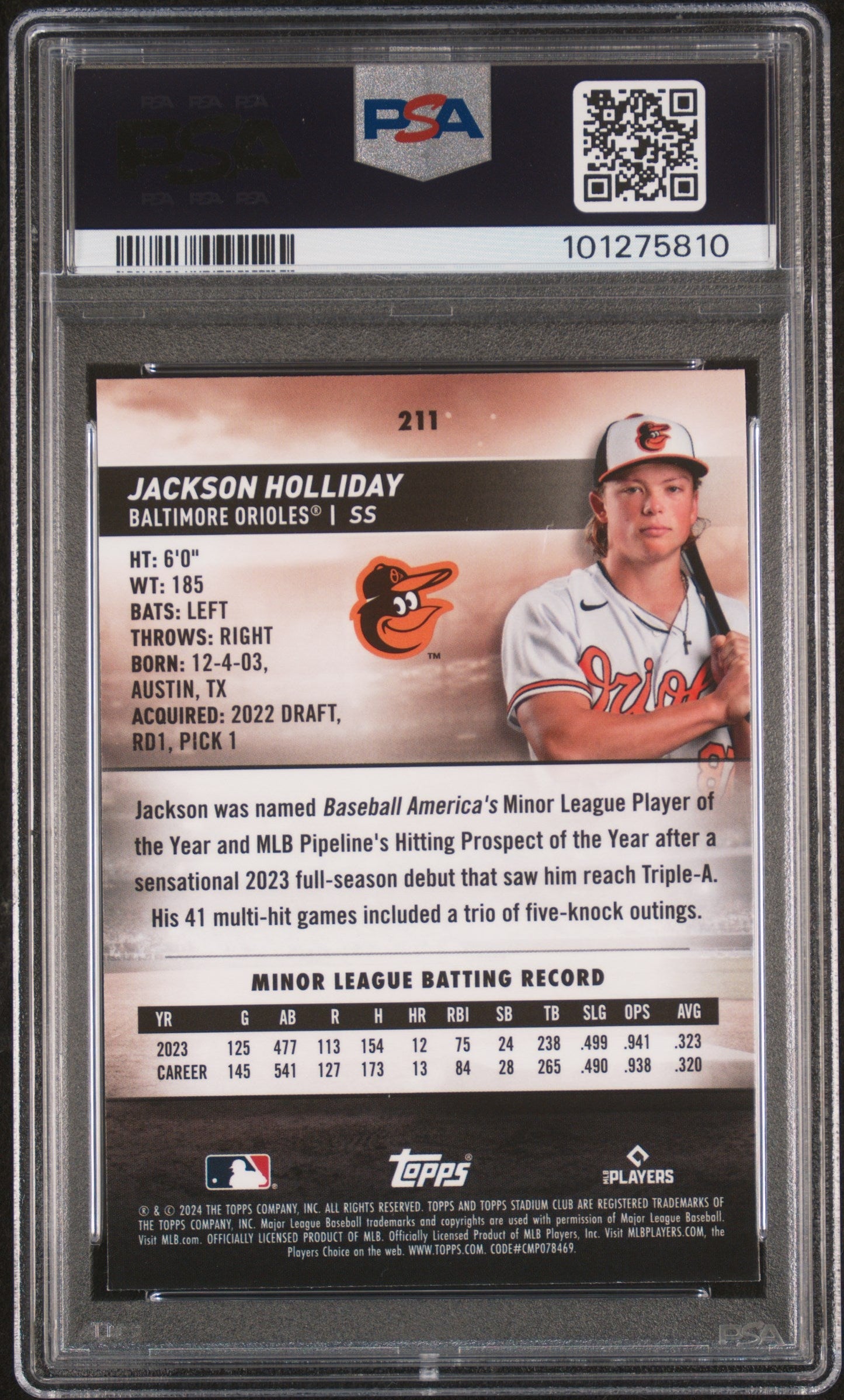 Graded 2024 Topps Stadium Club Jackson Holliday #211 Chrome Rookie RC Baseball Card PSA 10 Gem Mint