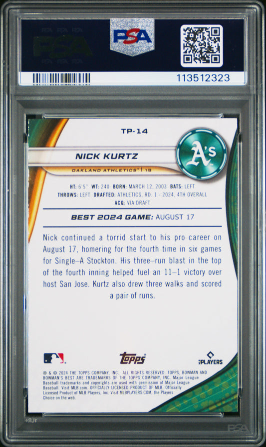 Graded 2024 Topps Bowmans Best Nick Kurtz #TP14 Top Prospects Purple Refractor /250 Rookie RC Baseball Card PSA 10 Gem Mint