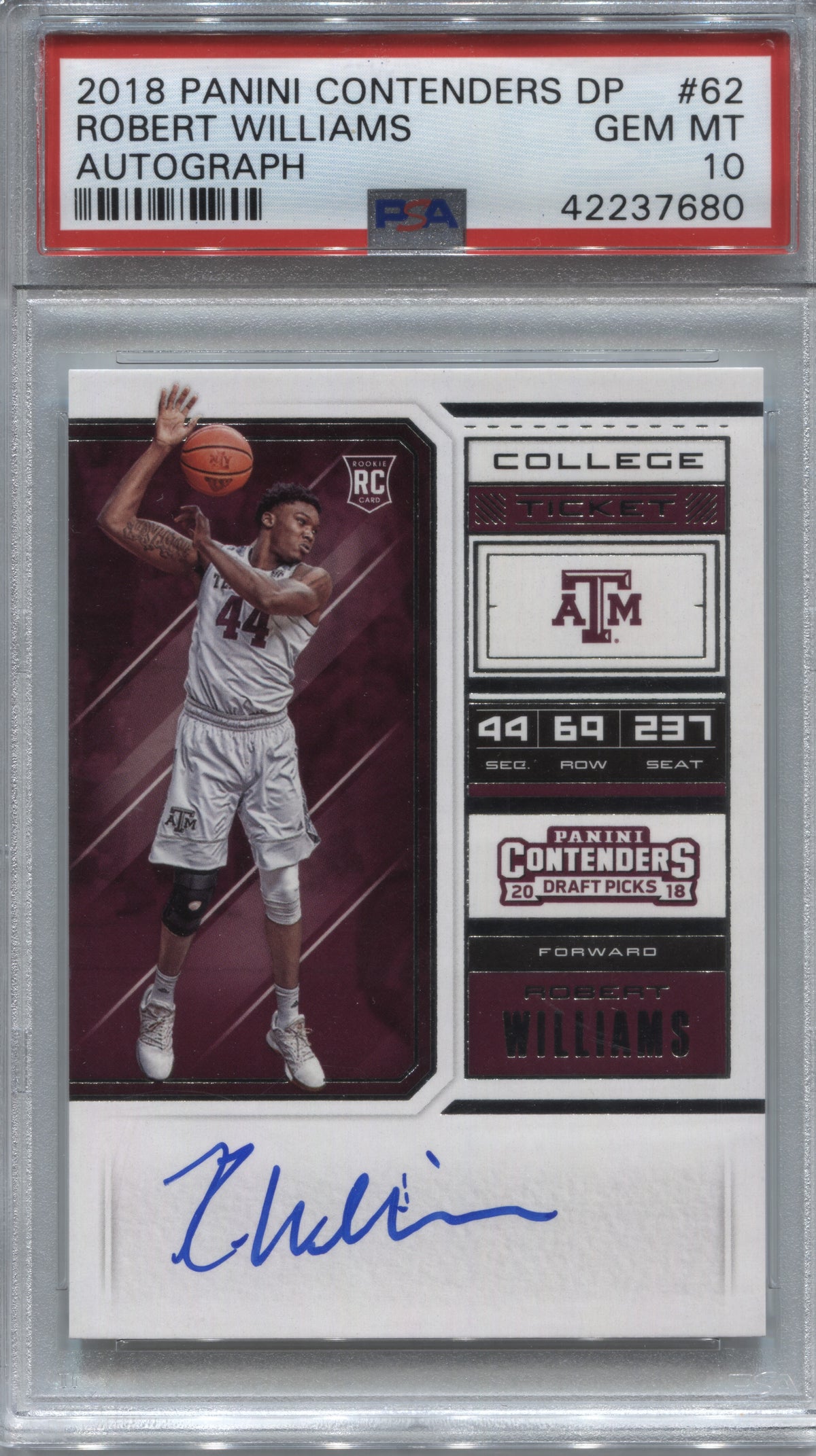 2018 Panini Contenders Draft Picks Robert Williams III College Ticket Rookie Auto #62 PSA 10