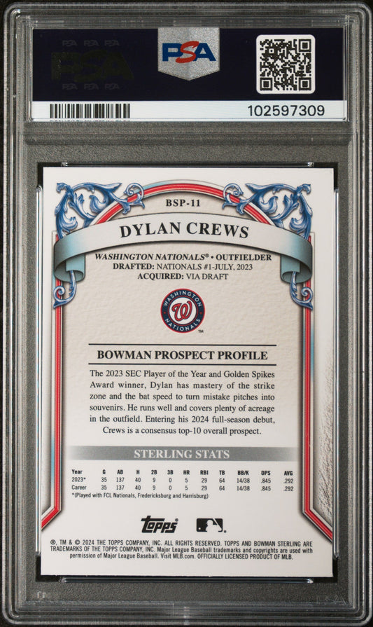 Graded 2024 Topps Bowman Sterling Dylan Crews #BSP11 Prospects Rookie RC Baseball Card PSA 9 Mint
