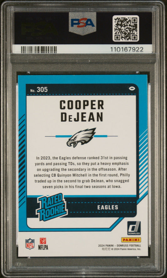 Graded 2024 Panini Donruss Cooper DeJean #305 Rookie RC Football Card PSA 10 Gem Mint