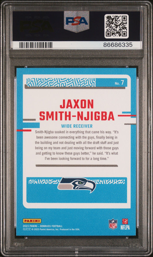 Graded 2023 Panini Donruss Jaxon Smith-Njigba #7 Rated Rookies Portrait Rookie RC Football Card PSA 10 Gem Mint