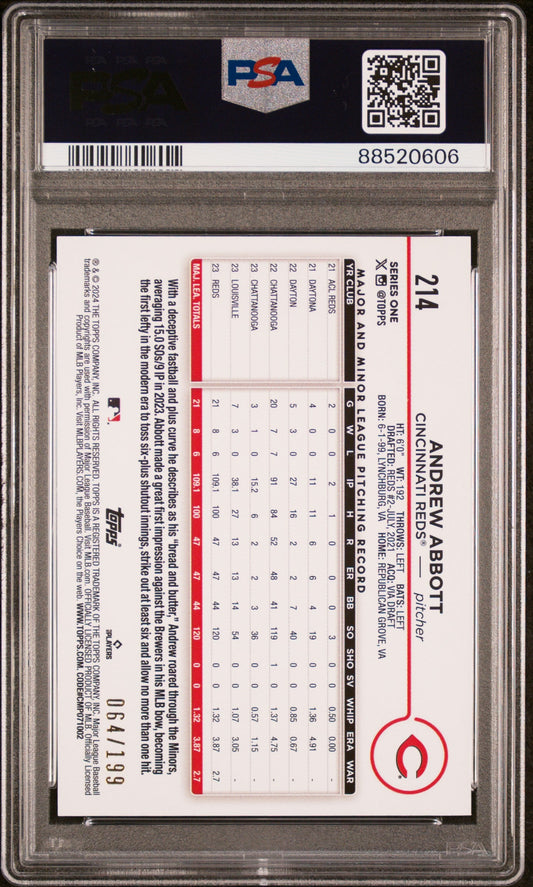 Graded 2024 Topps Andrew Abbott #214 Red Crackle Foil Board /199 Rookie RC Baseball Card PSA 10 Gem Mint