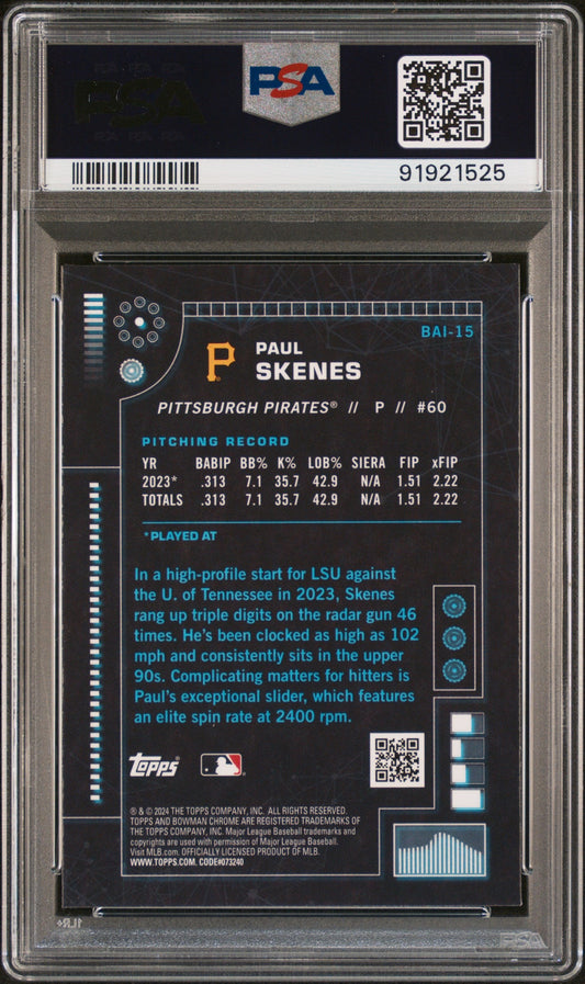 Graded 2024 Topps Bowman Paul Skenes #BAI15 AI Rookie RC Baseball Card PSA 10 Gem Mint