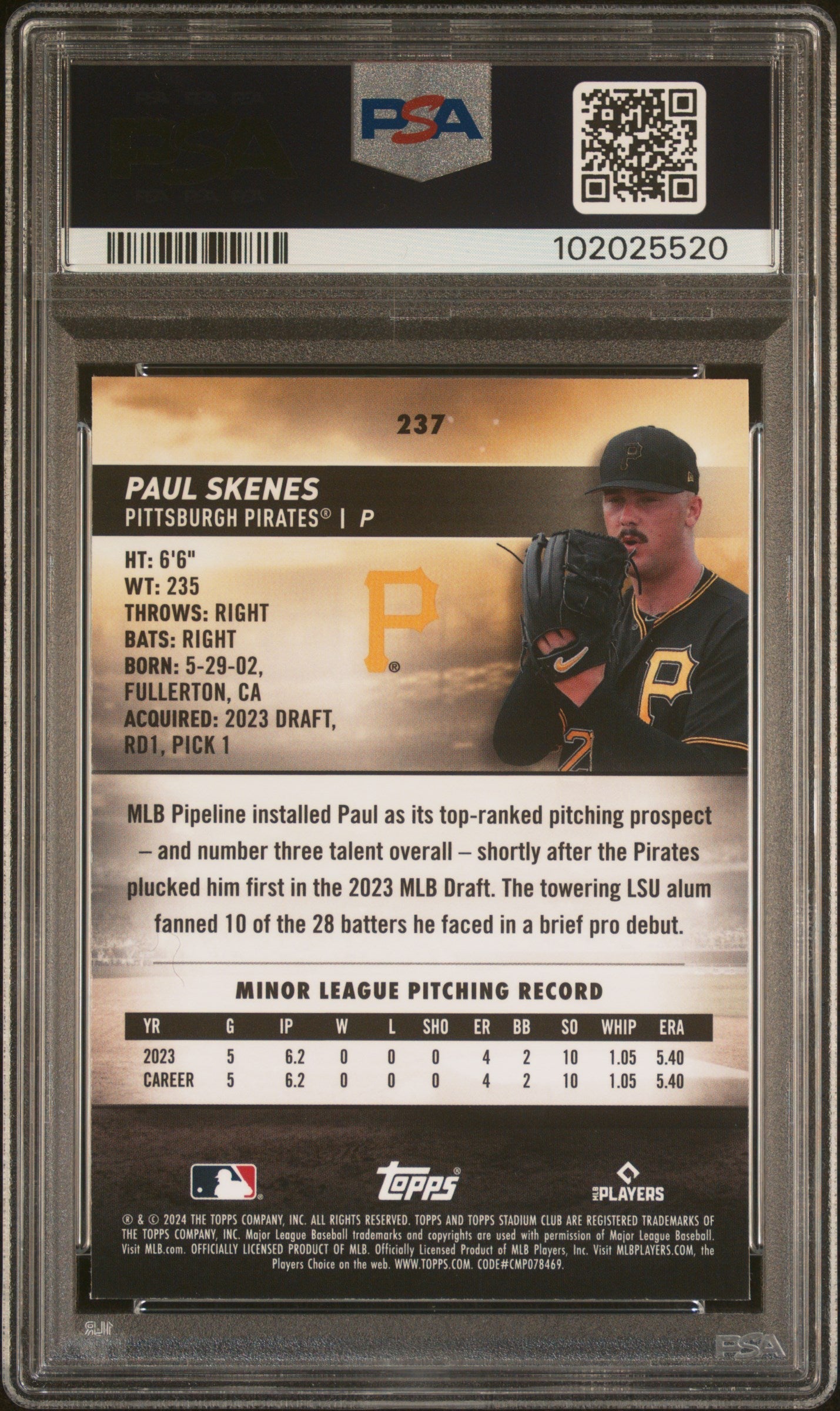 Graded 2024 Topps Stadium Club Paul Skenes #237 Chrome Rookie RC Baseball Card PSA 10 Gem Mint
