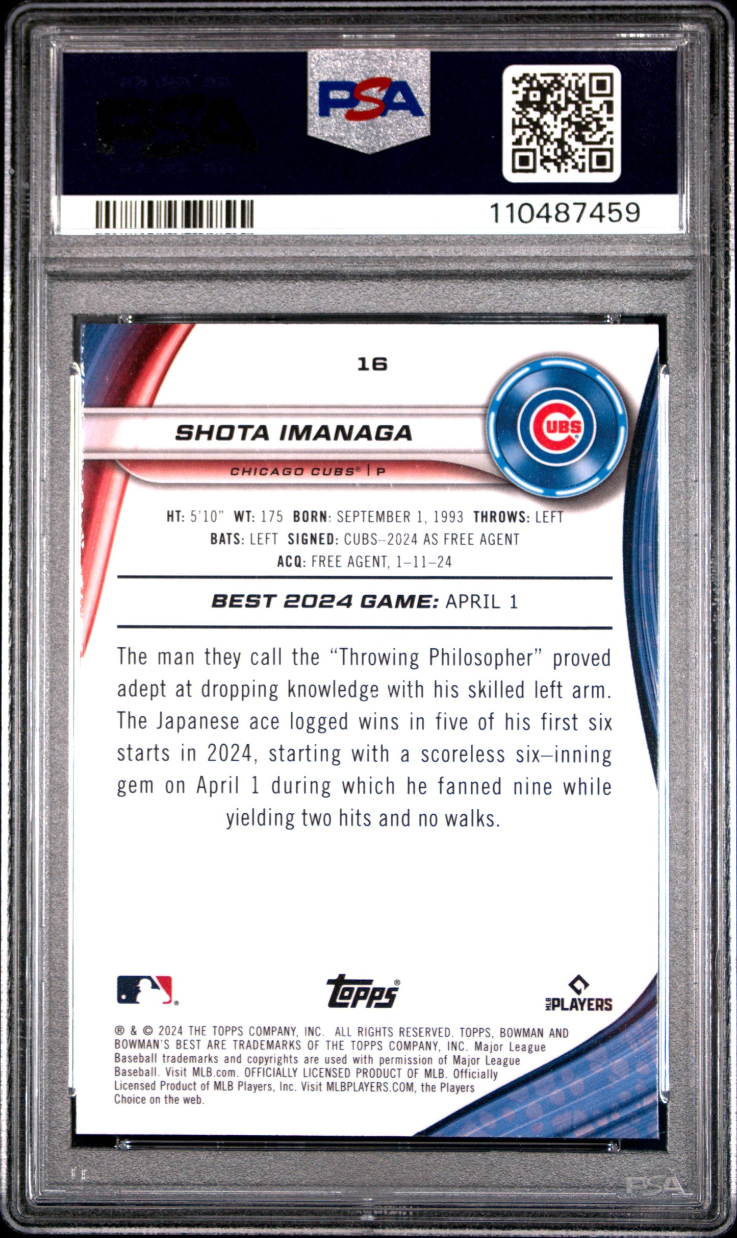 Graded 2024 Topps Bowmans Best Shota Imanaga #16 Purple Mojo /250 Rookie RC Baseball Card PSA 10 Gem Mint