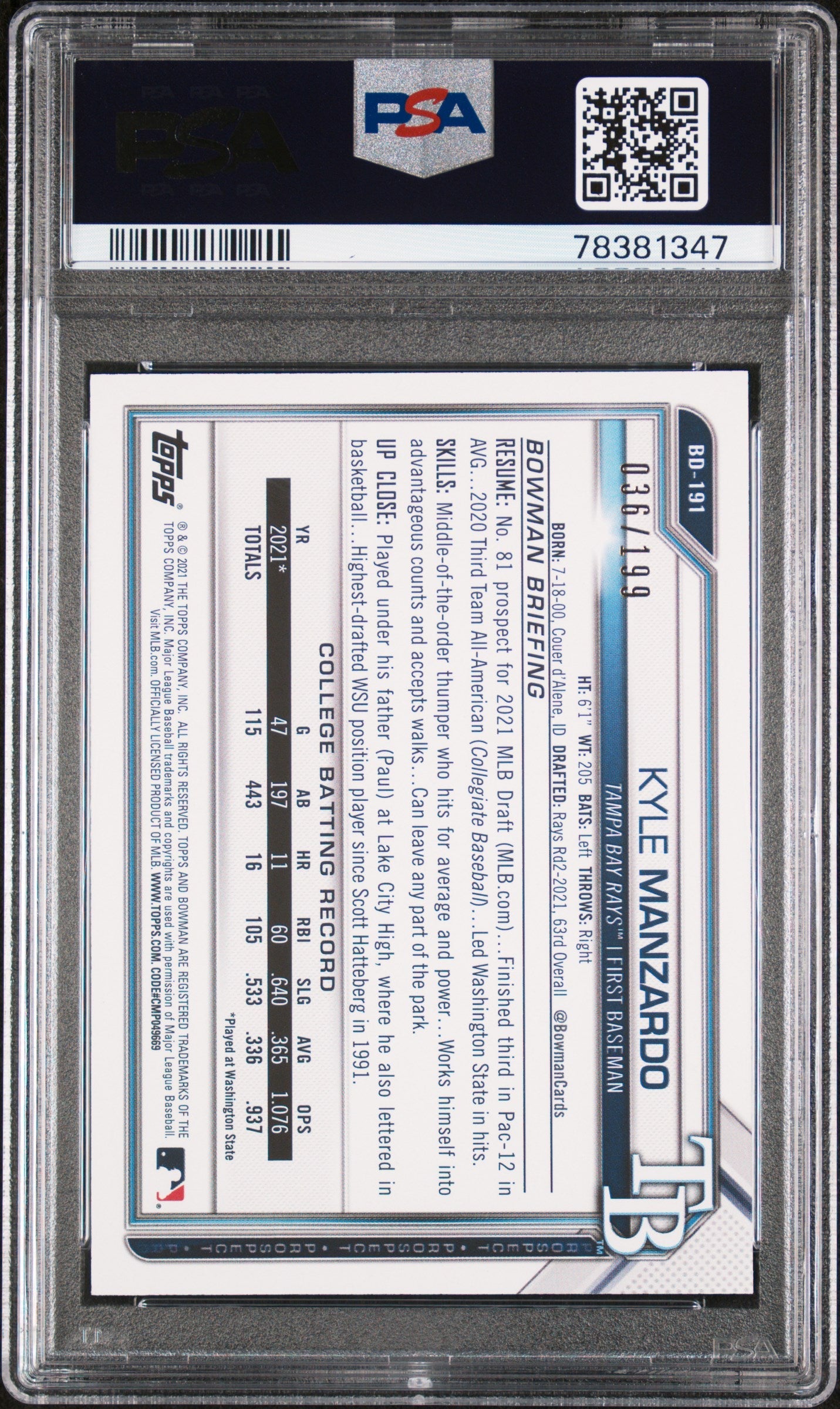 Graded 2021 Topps Bowman Draft Kyle Manzardo #BD191 Aqua #/199 Rookie RC Baseball Card PSA 10 Gem Mint