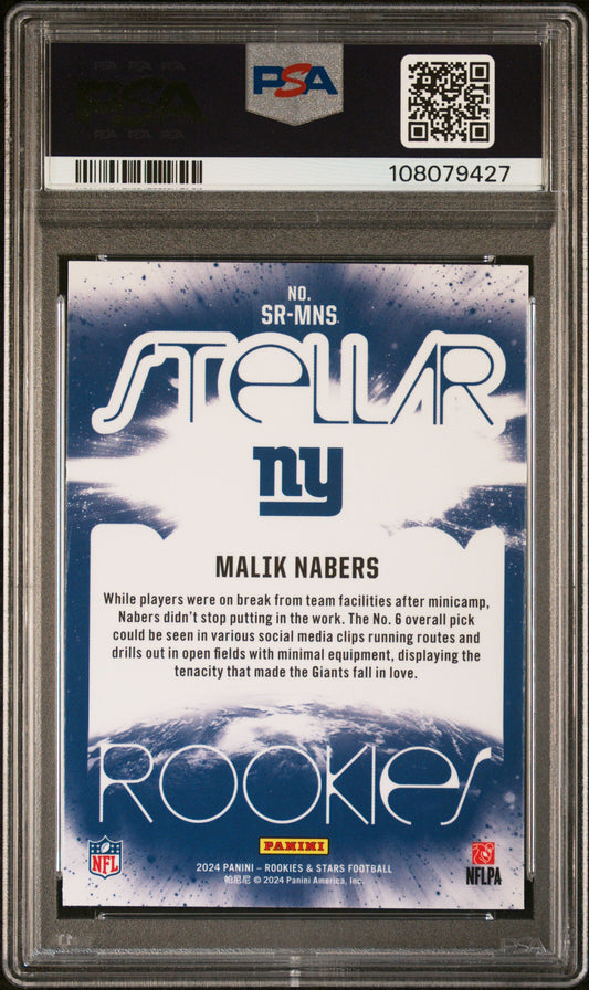 Graded 2024 Panini Rookies & Stars Malik Nabers #SRMNS Stellar Rookies Rookie RC Football Card PSA 10 Gem Mint