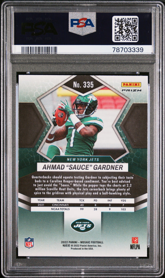 Graded 2022 Panini Mosaic Ahmad Sauce Gardner #335 Green Mosaic Rookie RC Football Card PSA 10 Gem Mint