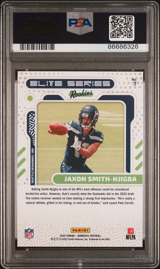 Graded 2023 Panini Donruss Jaxon Smith-Njigba #7 Elite Series Rookies RC Football Card PSA 10 Gem Mint