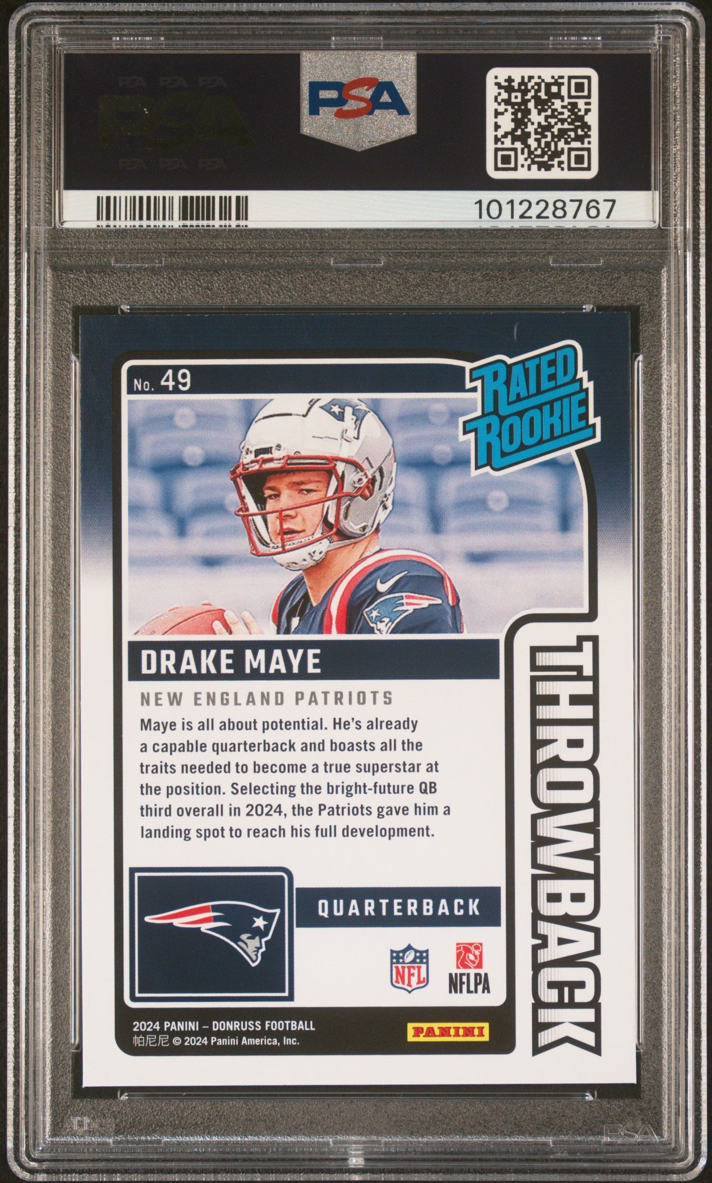 Graded 2024 Panini Donruss Drake Maye #49 Rated Rookies Throwback Rookie RC Football Card PSA 10 Gem Mint