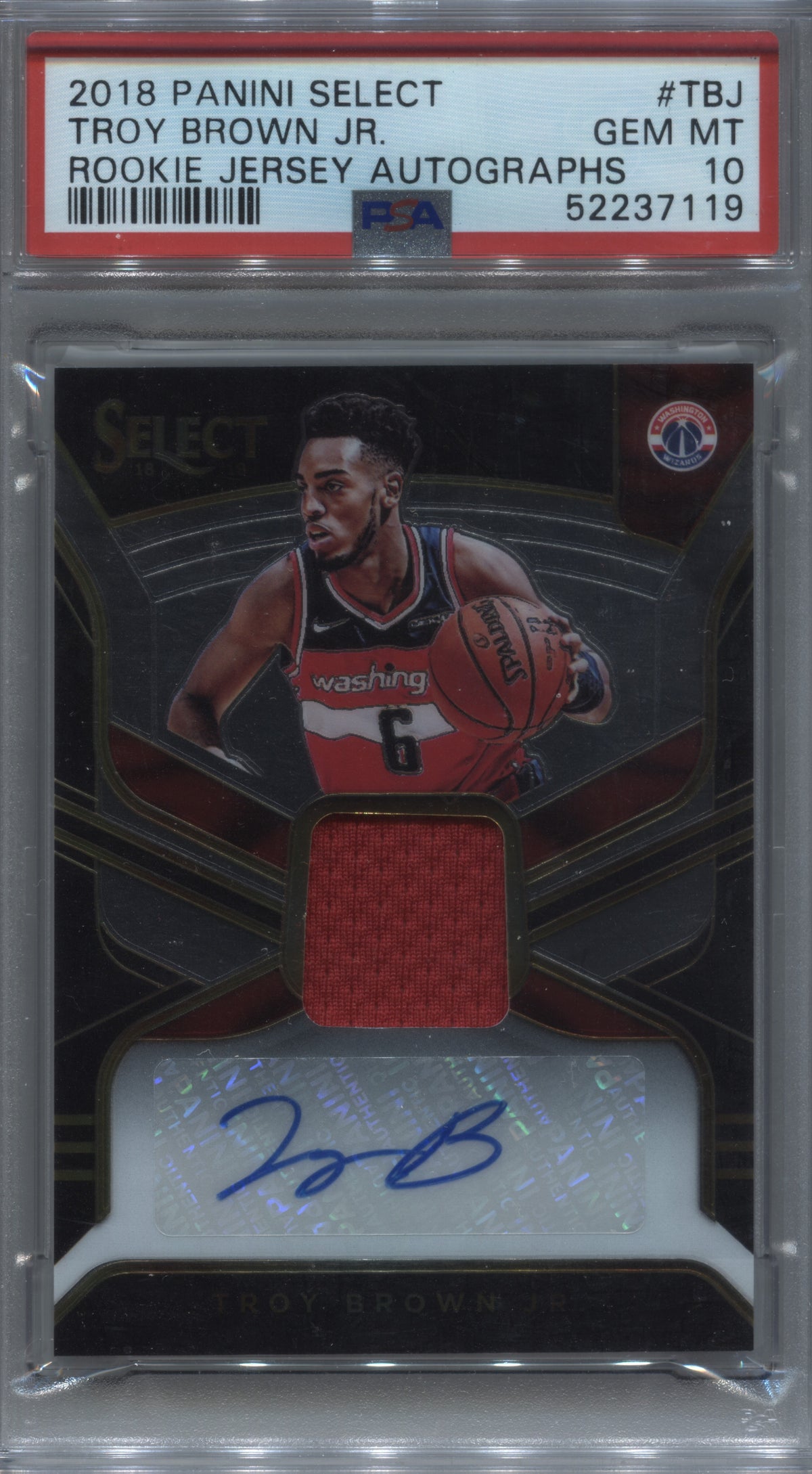 2018-19 Panini Select Troy Brown Jr Rookie Jersey Auto /199 PSA 10 Wizards