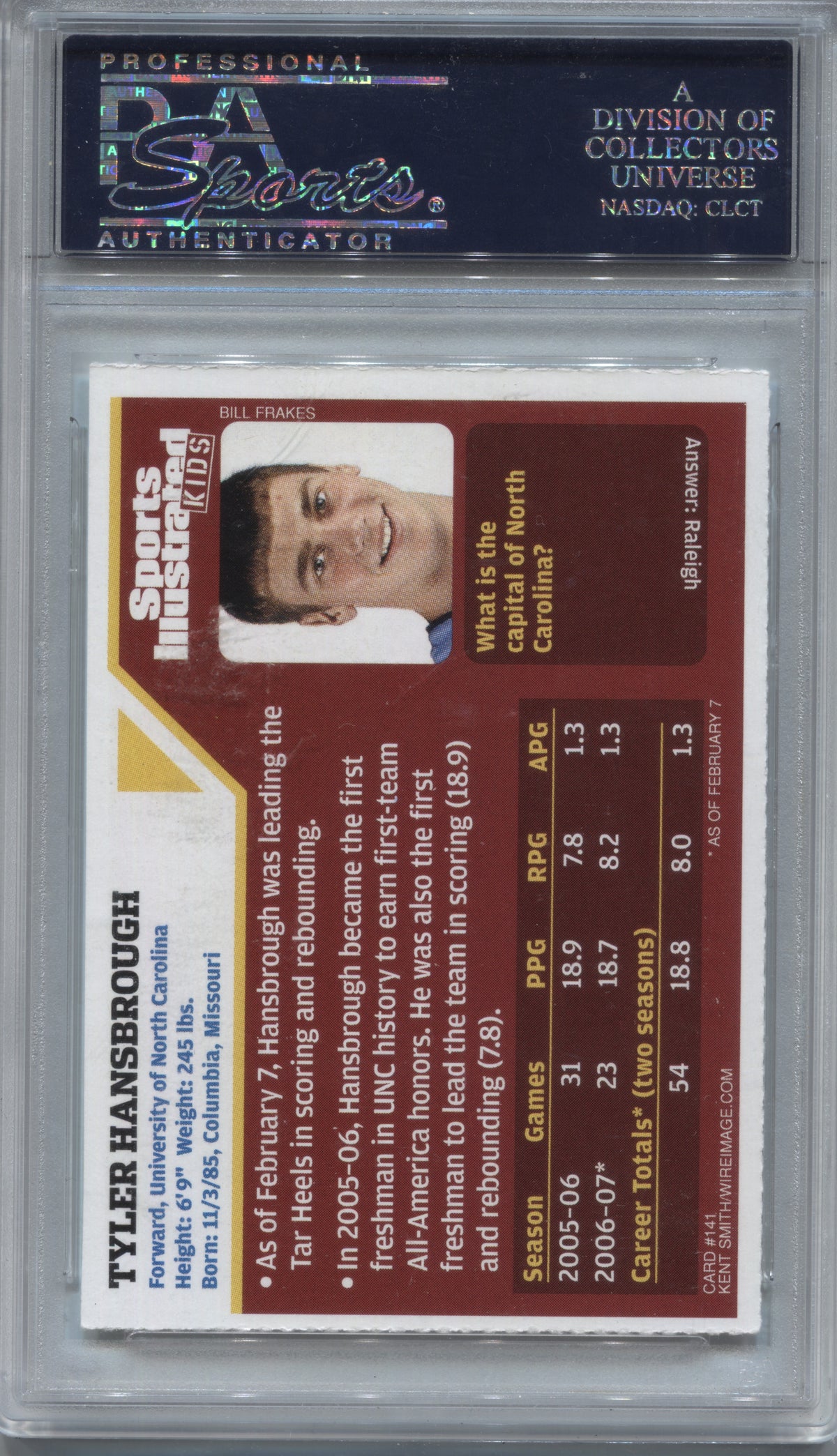 2007 SI for Kids Tyler Hansbrough #141 Signed Auto PSA/DNA UNC Tar Heels