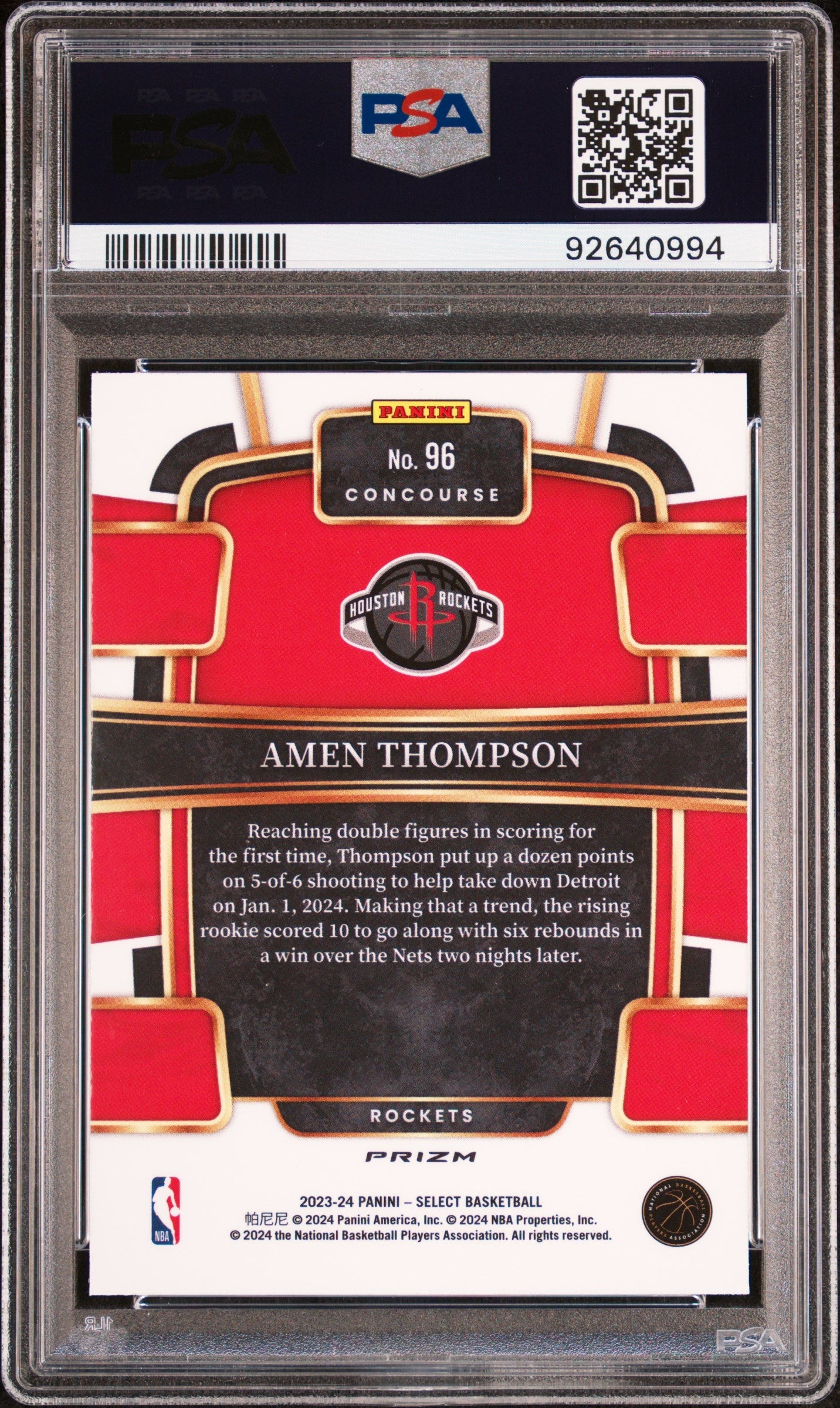 Graded 2023 Panini Select Amen Thompson #96 Red Cracked Ice Rookie RC Basketball Card PSA 10 Gem Mint