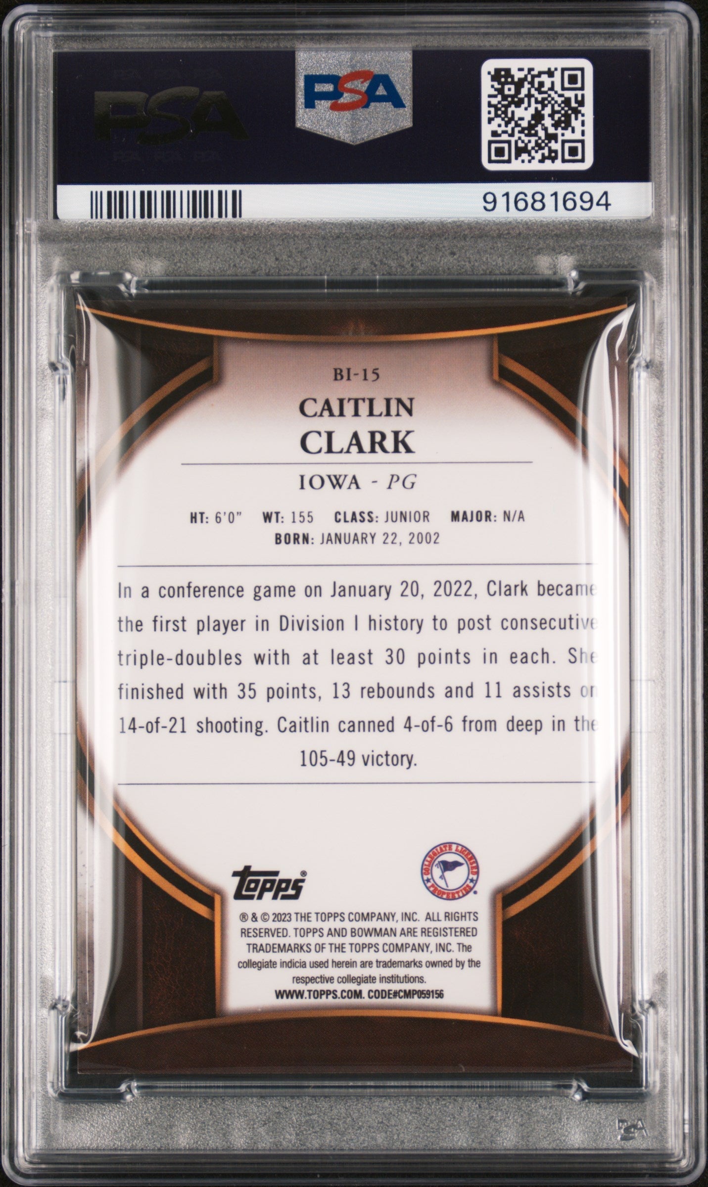 Graded 2022 Topps Bowman University Caitlin Clark #BI15 Invicta Rookie RC Basketball Card PSA 10 Gem Mint