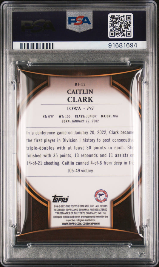 Graded 2022 Topps Bowman University Caitlin Clark #BI15 Invicta Rookie RC Basketball Card PSA 10 Gem Mint