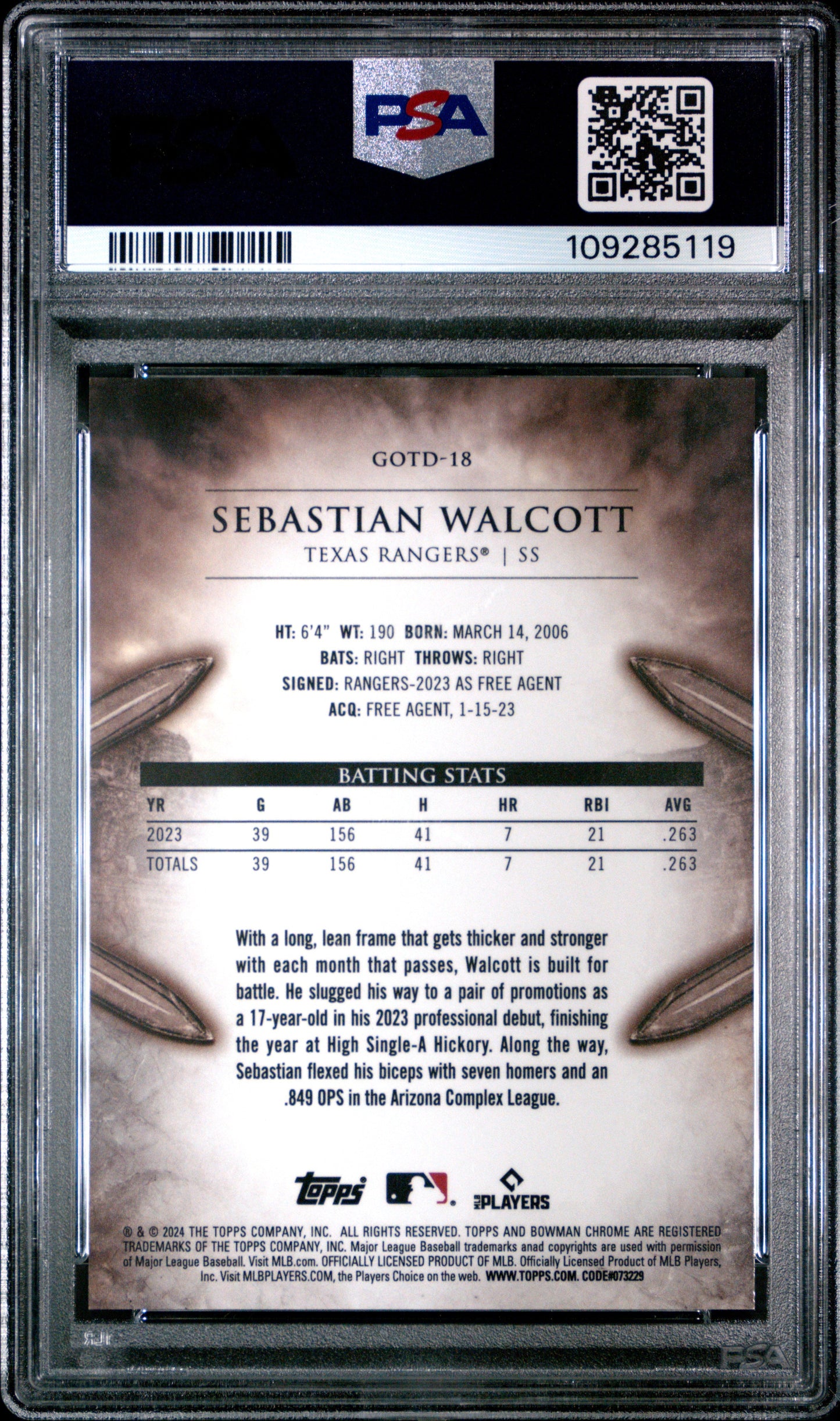 Graded 2024 Topps Bowman Sebastian Walcott #GOTD18 Gladiators of the Diamond Rookie RC Baseball Card PSA 10 Gem Mint