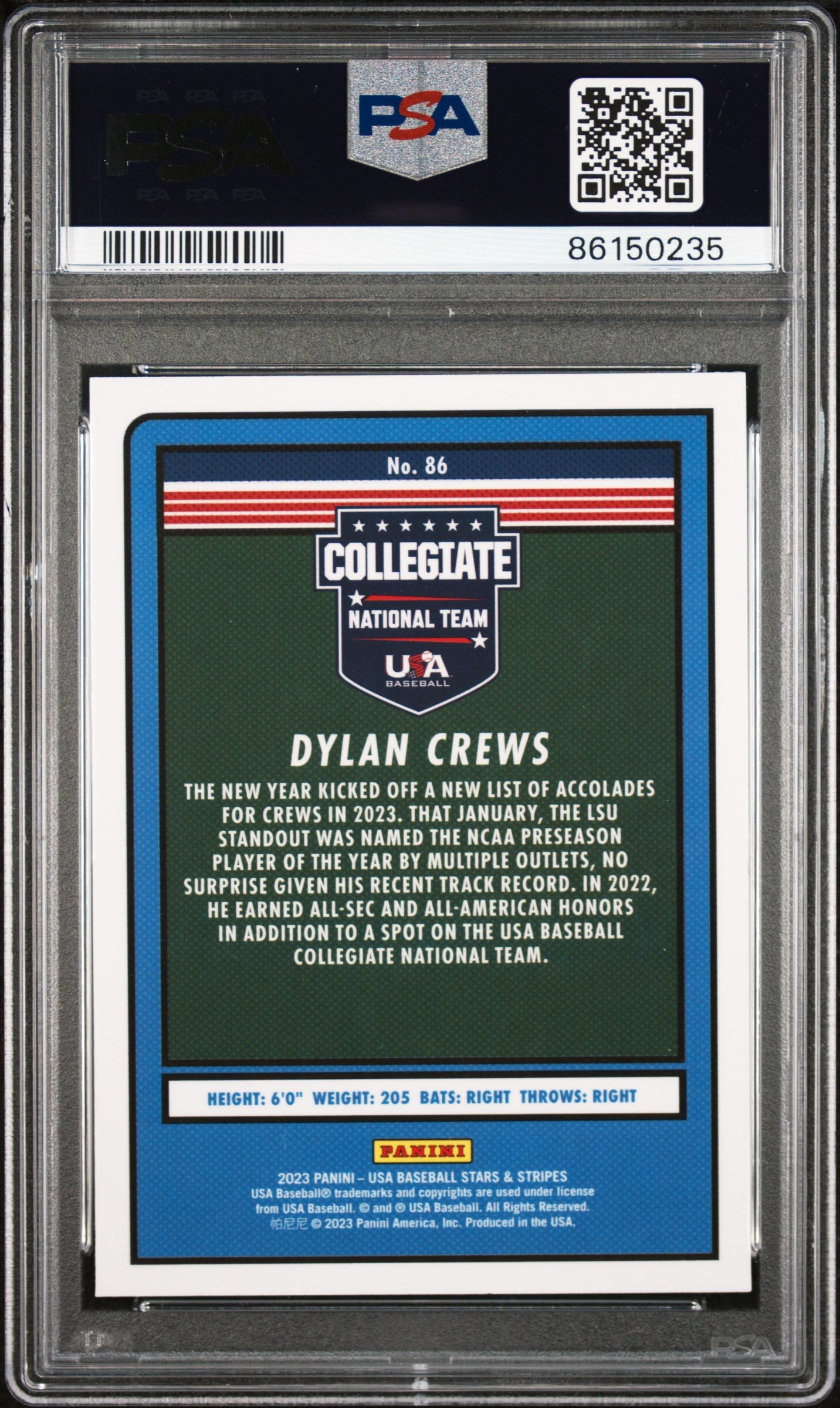Graded 2023 Panini Stars & Stripes USA Dylan Crews #86 Rookie RC Baseball Card PSA 10 Gem Mint