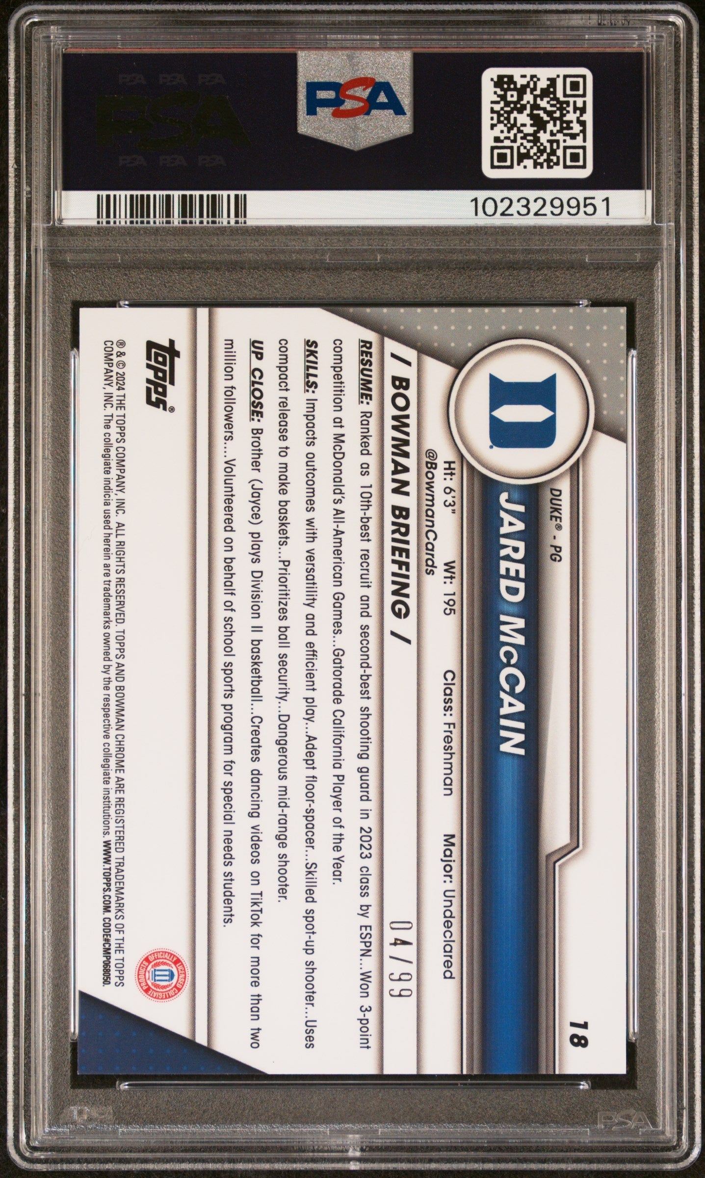 Graded 2023 Topps Bowman U Chrome Jared McCain #18 Green /99 Rookie RC Basketball Card PSA 10 Gem Mint