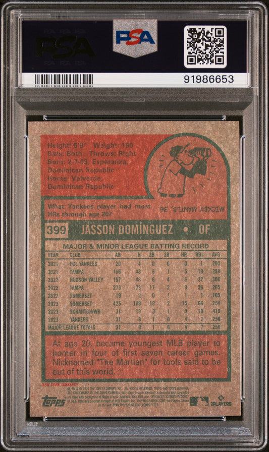 Graded 2024 Topps Heritage Jasson Dominguez #399 Chrome Purple Rookie RC Baseball Card PSA 10 Gem Mint