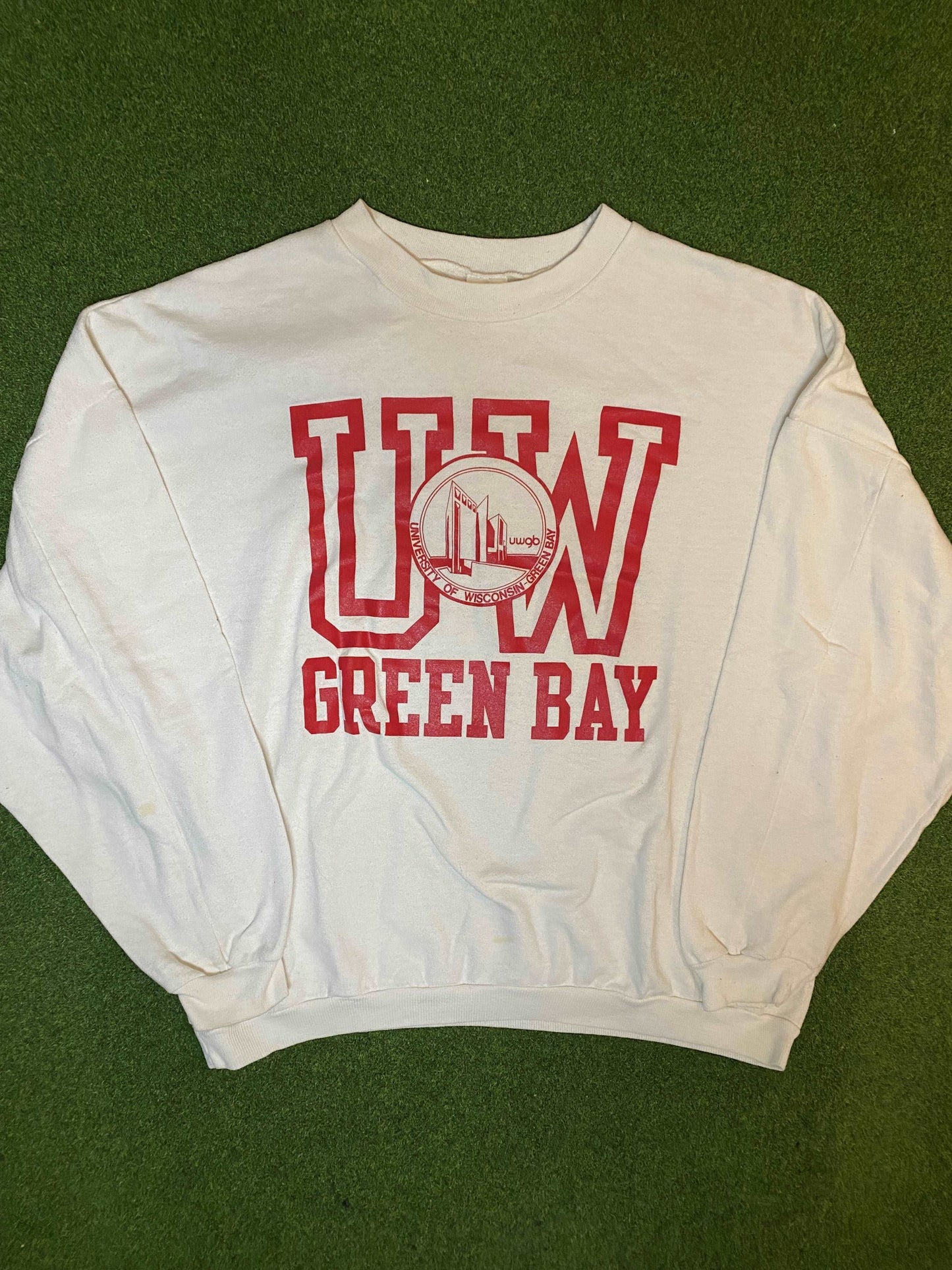 80s University of Wisconsin-Green Bay - Vintage College Crewneck Sweatshirt (Large) - Gametime Vintage
