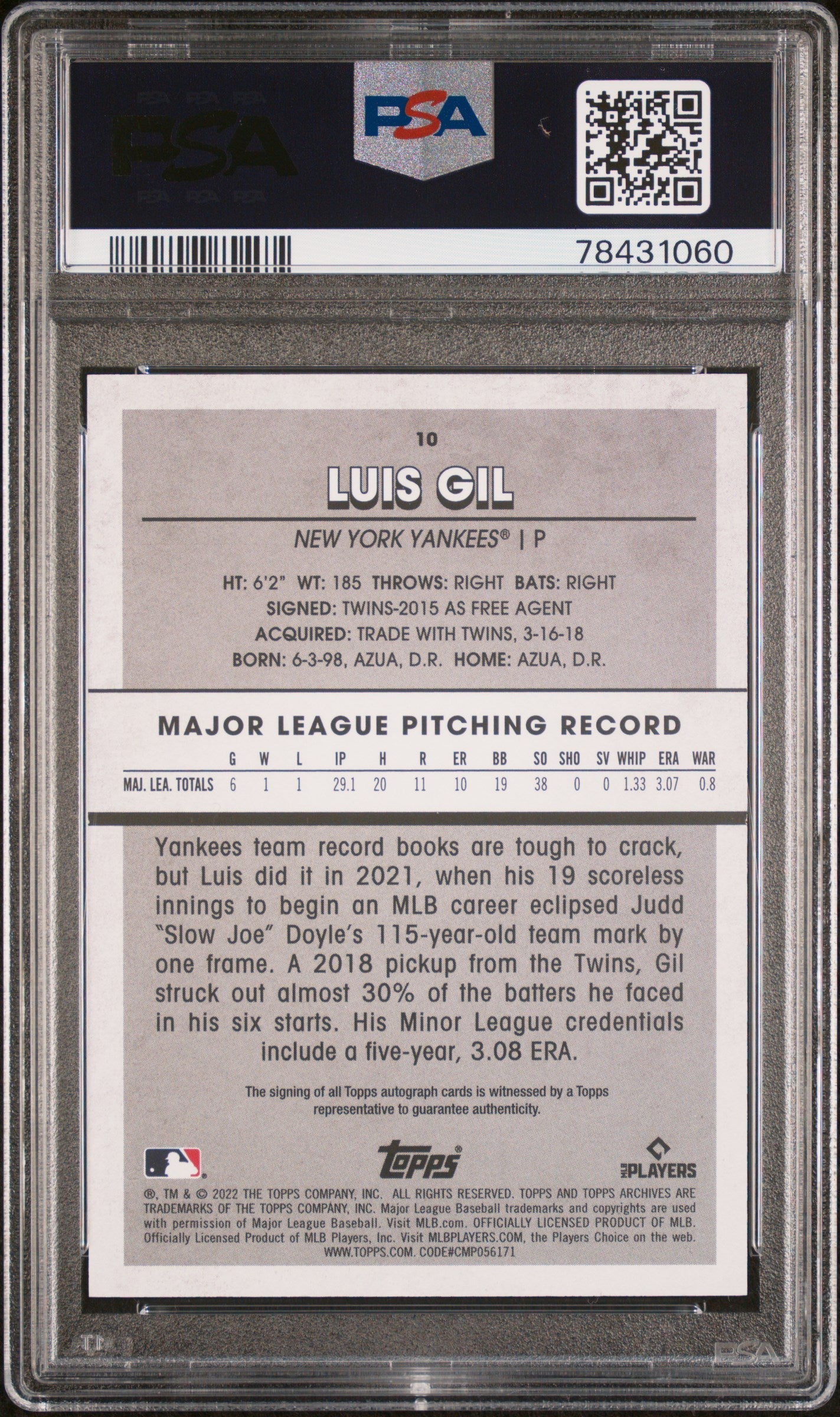 Graded 2022 Topps Archives Snapshots Luis Gil #10 Autograph Rookie RC Baseball Card PSA 10 Gem Mint