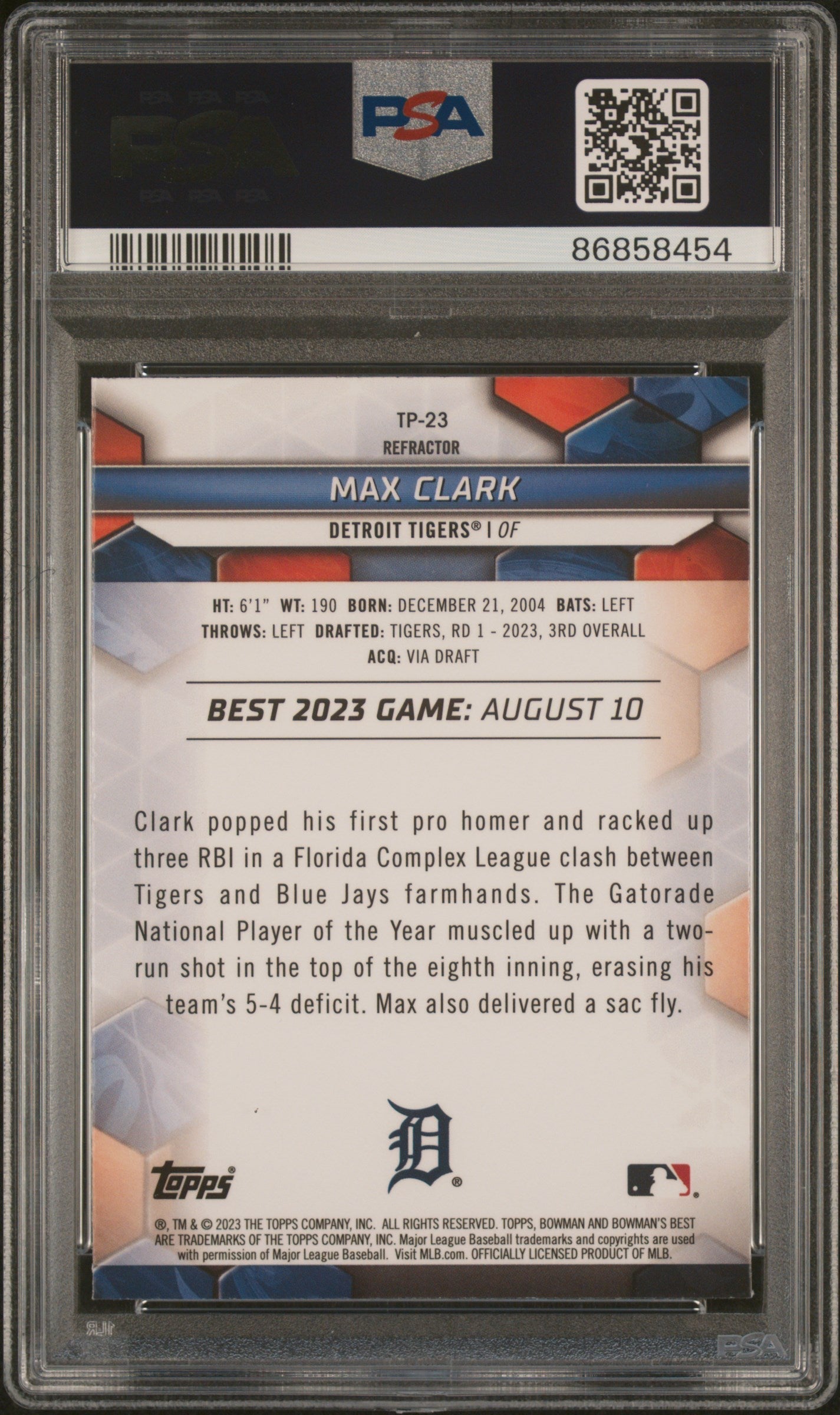 Graded 2023 Topps Bowmans Best Max Clark #TP23 Top Prospects Refractor Rookie RC Baseball Card PSA 10 Gem Mint
