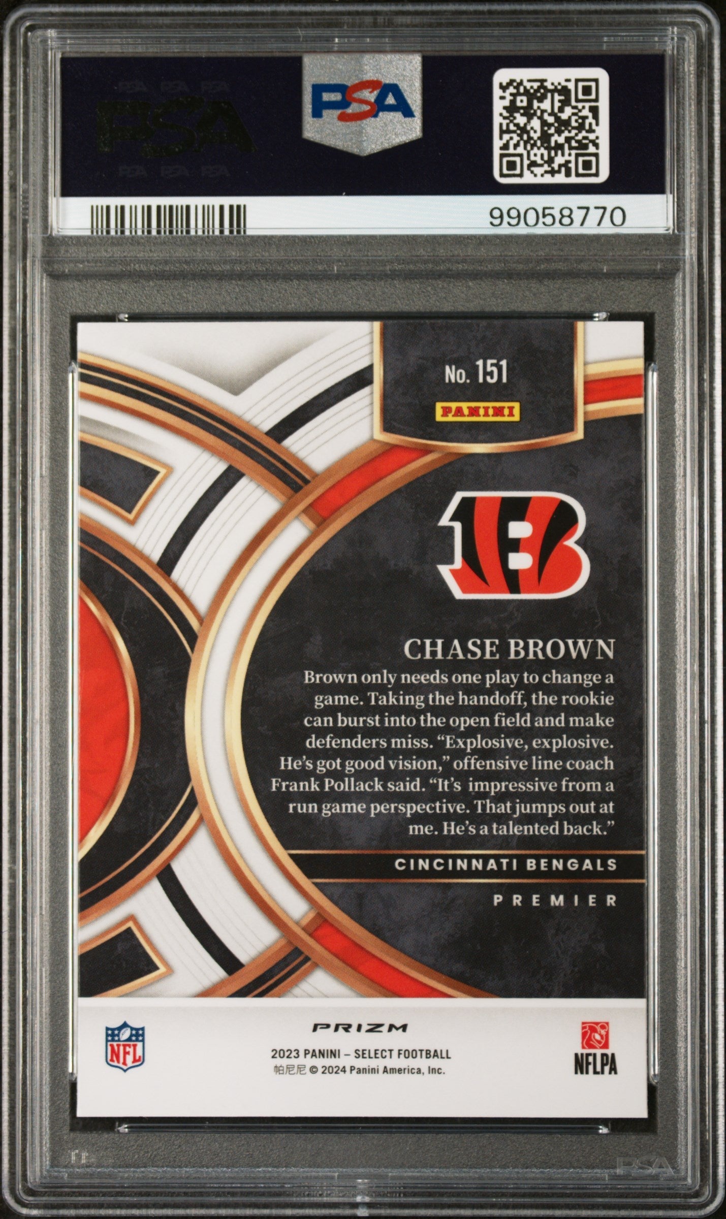 Graded 2023 Panini Select Chase Brown #151 Silver Prizm Rookie RC Football Card PSA 10 Gem Mint