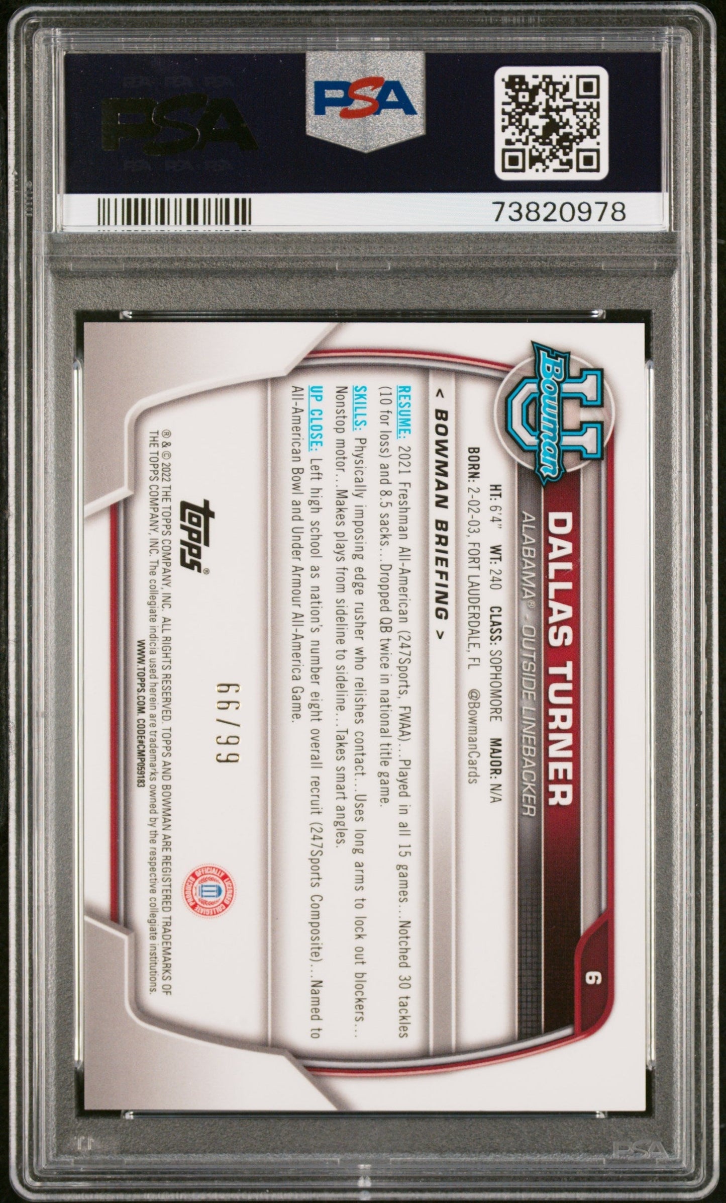 Graded 2022 Topps Bowman University Dallas Turner #6 Chrome Prospects Green Shimmer Refractor #/99 Rookie RC Football Card PSA 10 Gem Mint