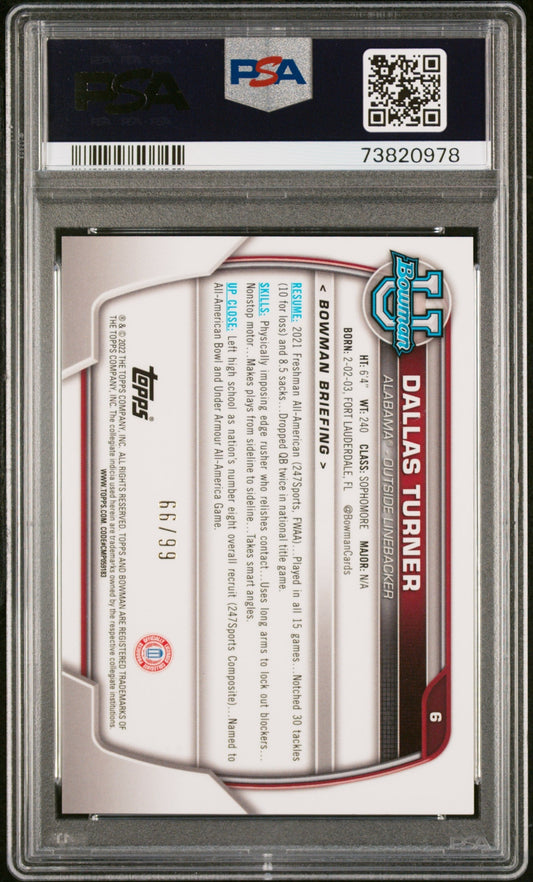 Graded 2022 Topps Bowman University Dallas Turner #6 Chrome Prospects Green Shimmer Refractor #/99 Rookie RC Football Card PSA 10 Gem Mint