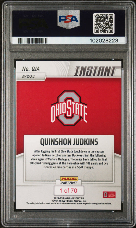 Graded 2024 Panini Instant NIL Quinshon Judkins #QJA Rookie RC Football Card PSA 10 Gem Mint