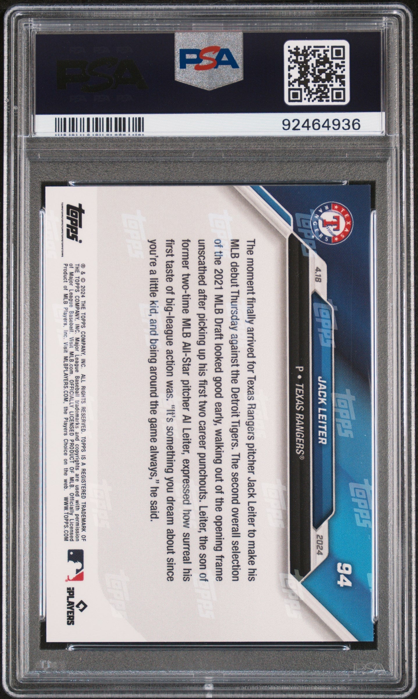 Graded 2024 Topps Now Jack Leiter #94 Rookie RC Baseball Card PSA 10 Gem Mint