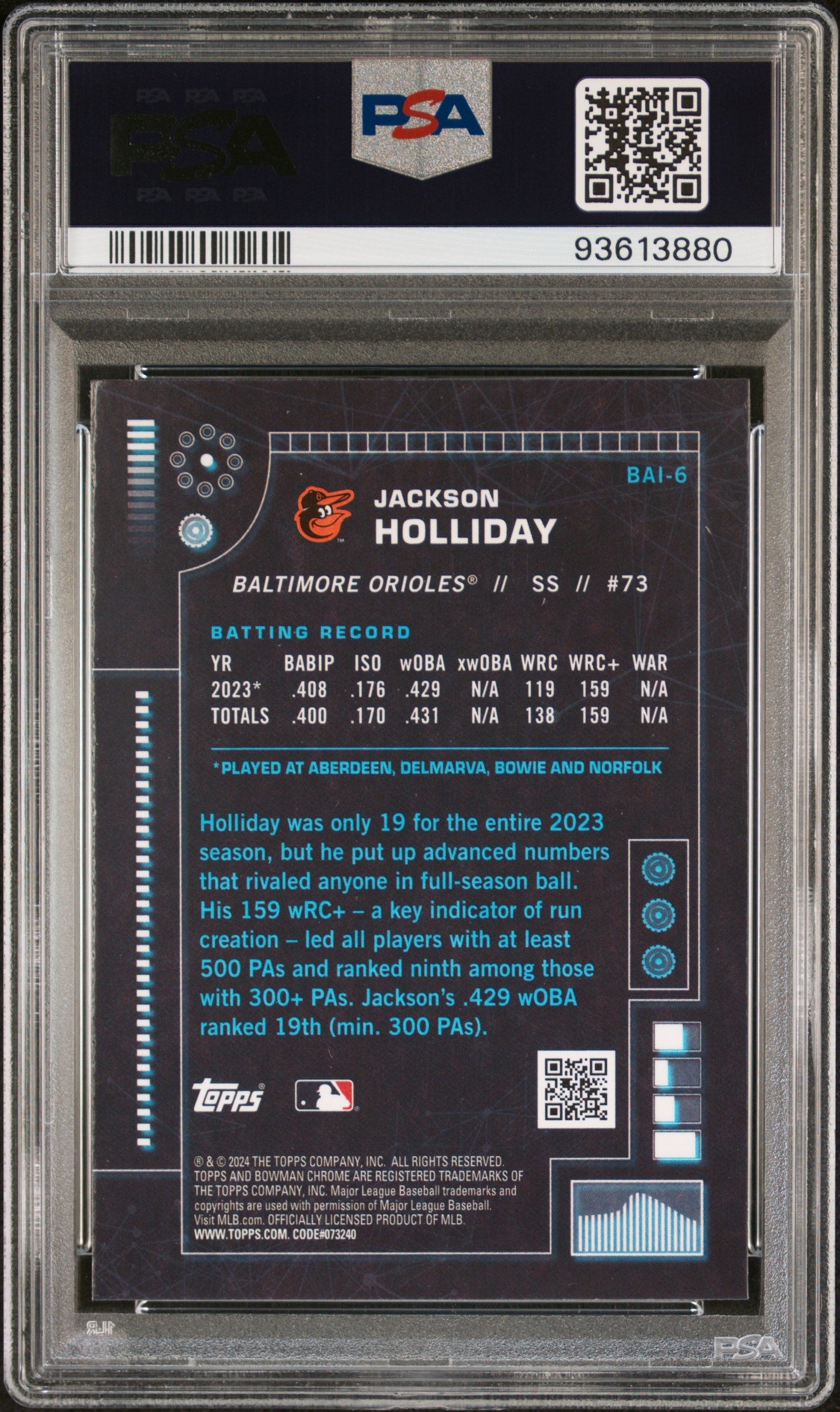 Graded 2024 Topps Bowman Jackson Holliday #BAI6 AI Rookie RC Baseball Card PSA 10 Gem Mint