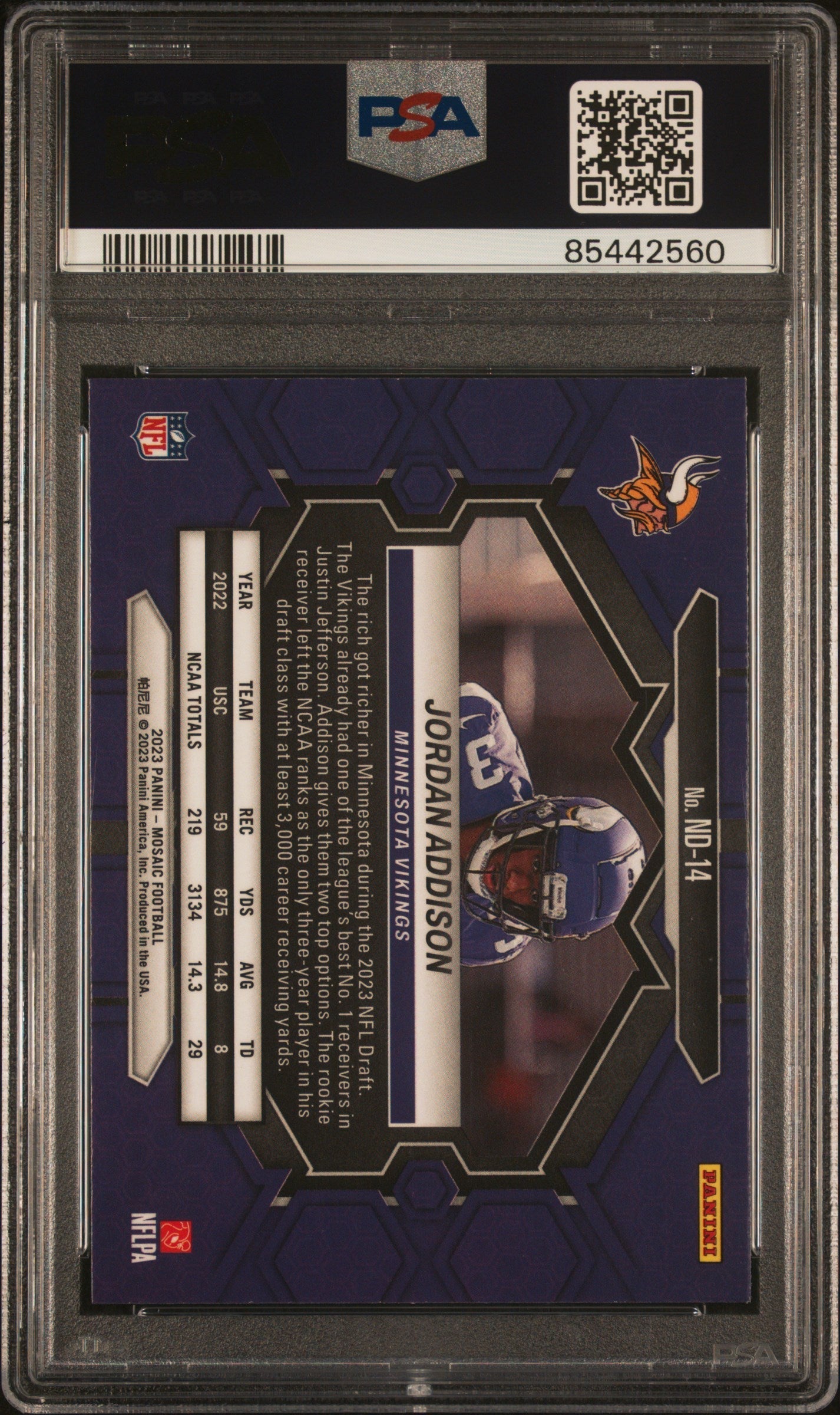 Graded 2023 Panini Mosaic Jordan Addison #ND14 NFL Debut Rookie RC Football Card PSA 10 Gem Mint