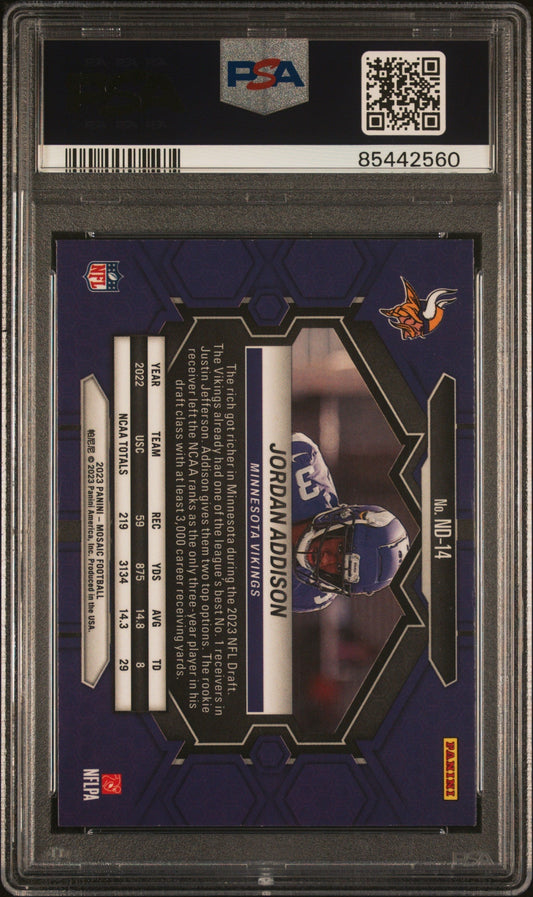Graded 2023 Panini Mosaic Jordan Addison #ND14 NFL Debut Rookie RC Football Card PSA 10 Gem Mint
