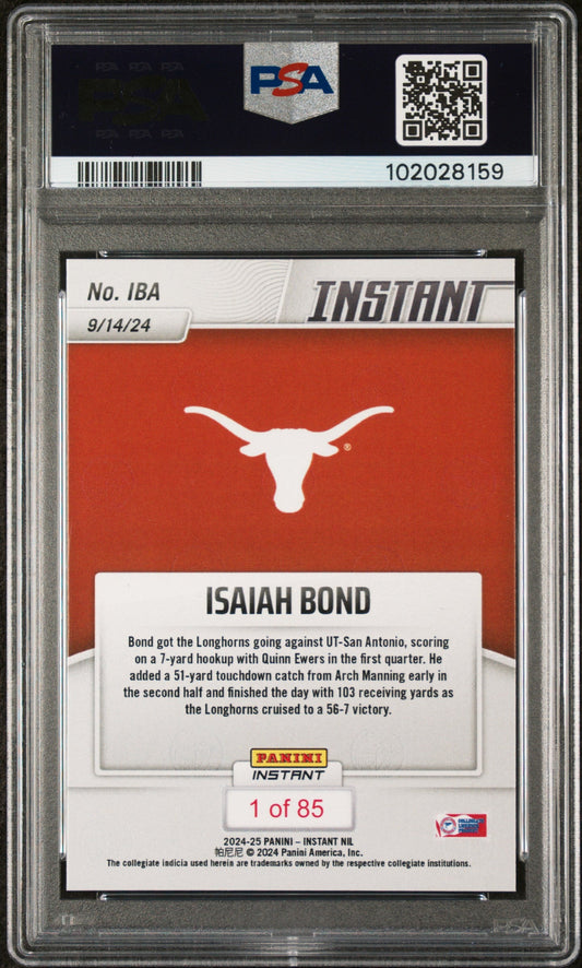 Graded 2024 Panini Instant NIL Isaiah Bond #IBA Rookie RC Football Card PSA 9 Mint