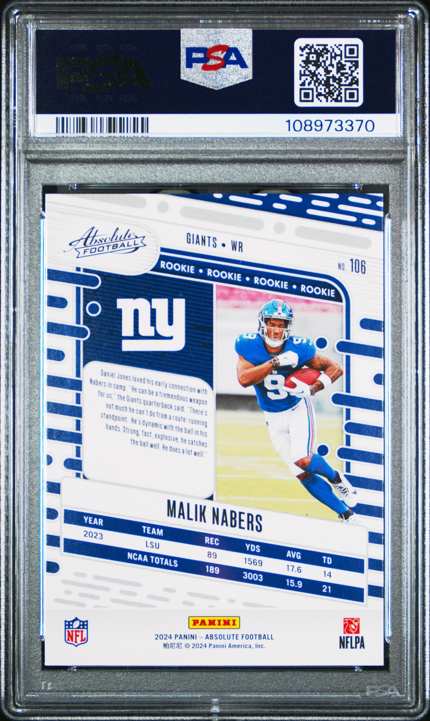 Graded 2024 Panini Absolute Malik Nabers #106 Orange Rookie RC Football Card PSA 10 Gem Mint